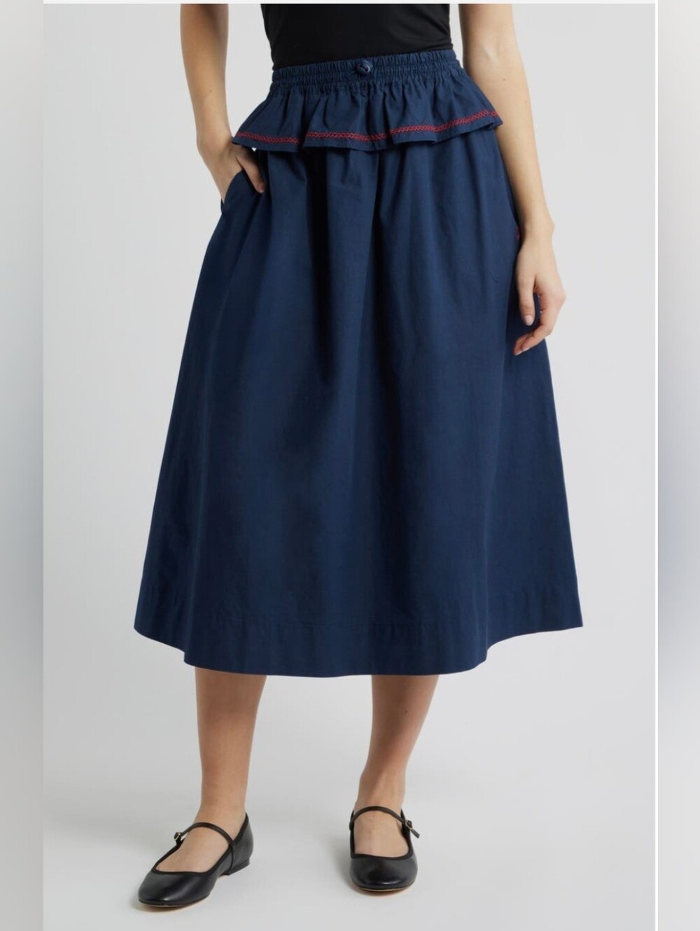 Damson Madder Sigrid Navy Blue Peplum Waist Midi Skirt